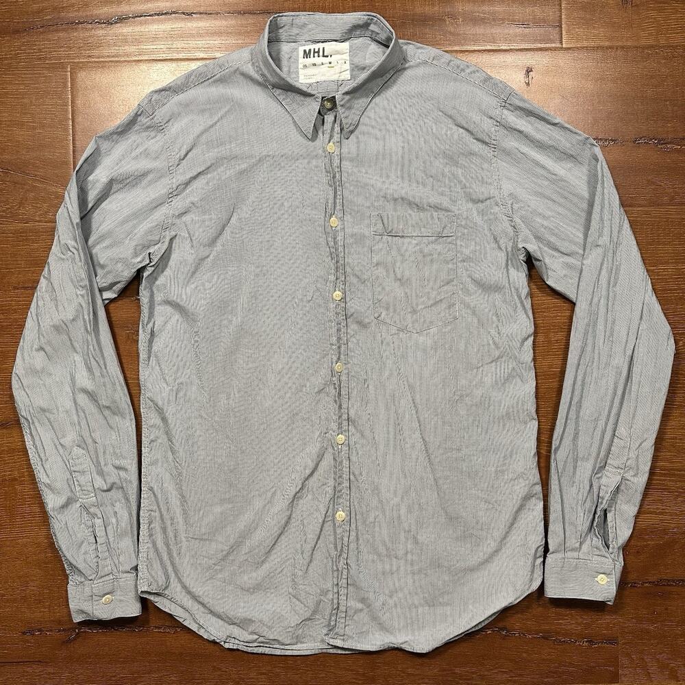 Margaret Howell MHL Button Up Shirt Mens M Gray Stripe Long Sleeve Woven Cotton